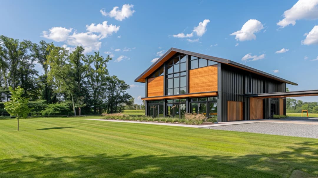 Projekt nowoczesnej stodoły z 5 pokojami i dwustanowiskową wiatą garażową